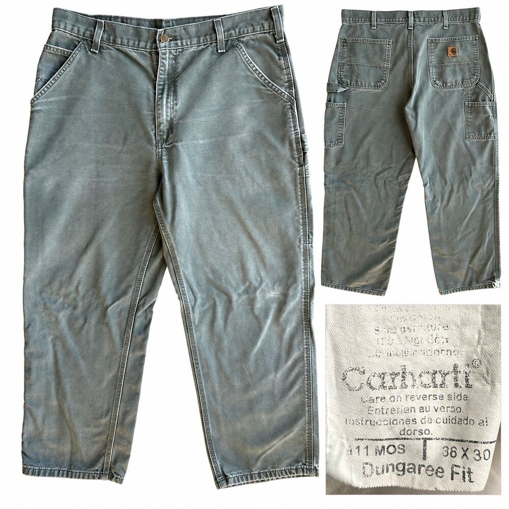 VTG Carhartt B11-MOS Washed Duck Dungaree Pants Men's 36x30 Moss Green Carpenter